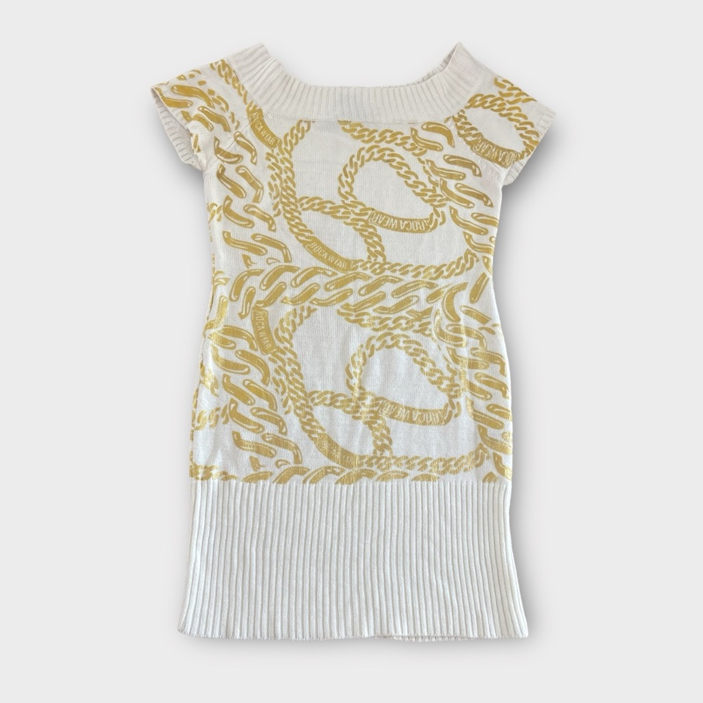 Rocawear Gold Printed Knit Sweater Dress Sz M Vintage Y2K